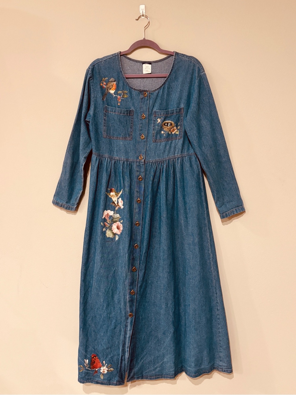 Carolyn Shores Wright Vintage Denim Embroidered Bird Dress Small Cottagecore